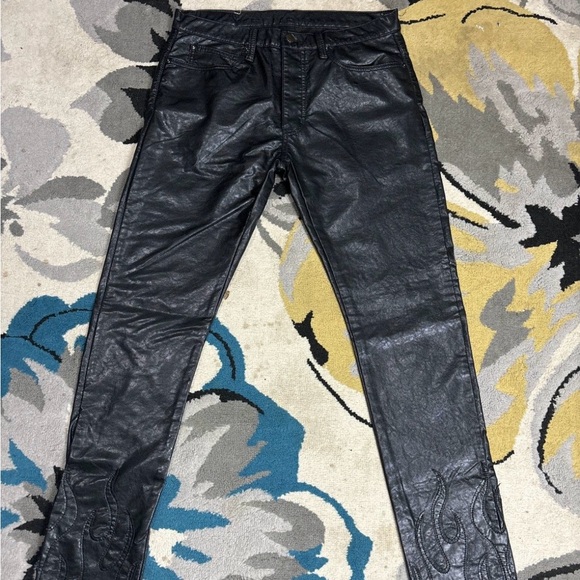 Men's size 33 MNML Faux leather jeans black wax pants flame stitch